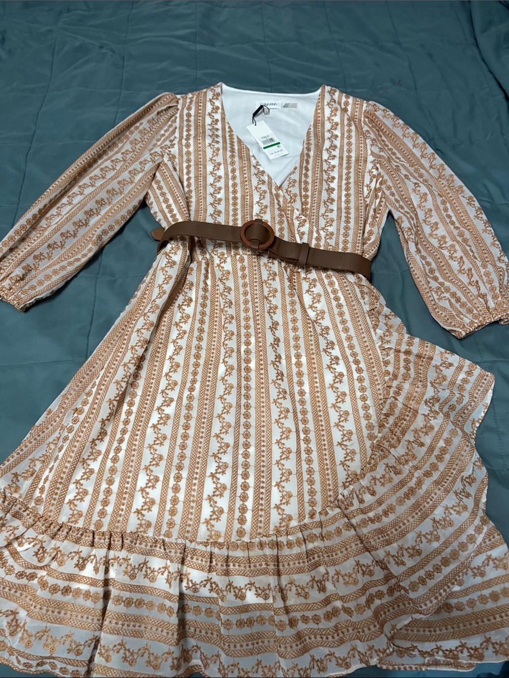 Calvin Klein Cream and Tan Long Sleeve V-Neck Tiered Dress